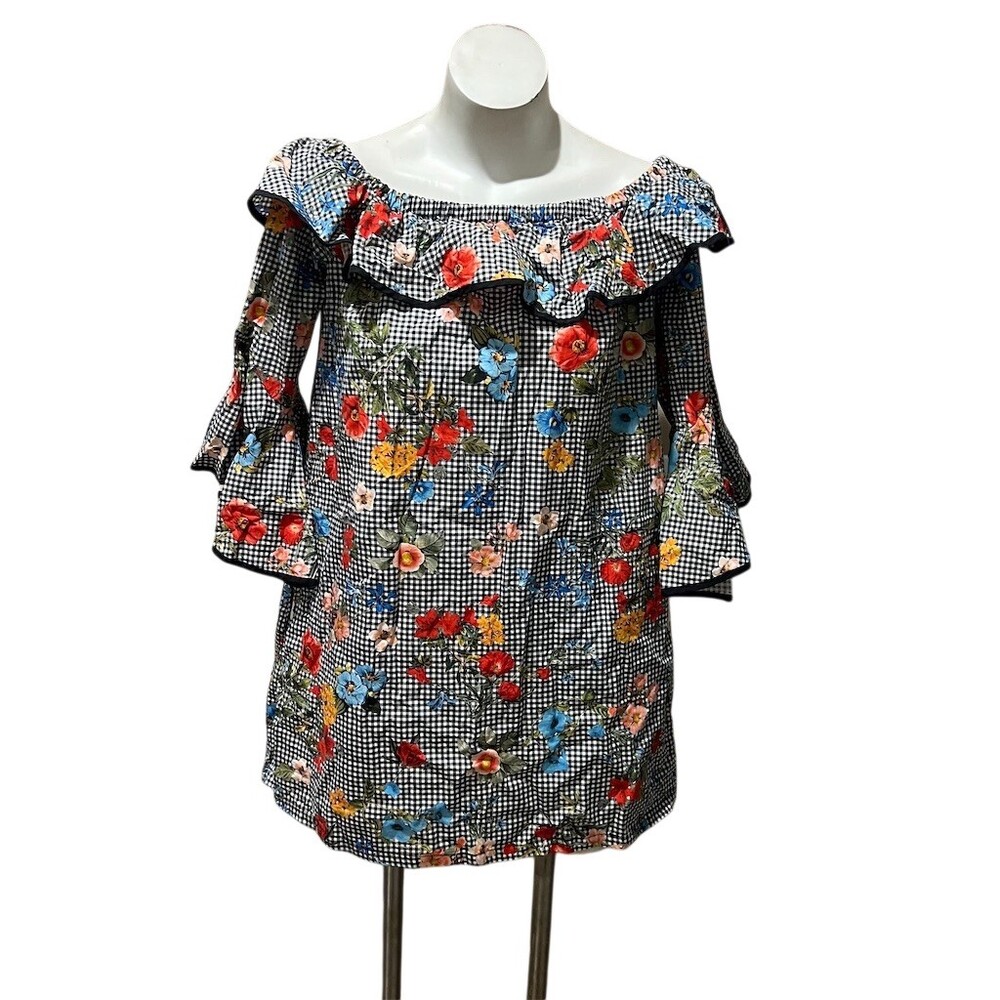 Zara Dress Womens Size L Multicolor Off Shoulder Ruffle Gingham Floral